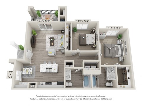 Floor plan for 2 beds, 2 baths, 1114 sqft